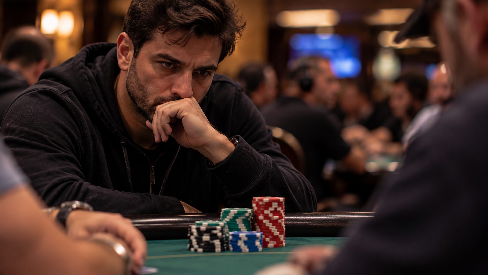 Focused poker player carefully observing his opponents and the action at the table.