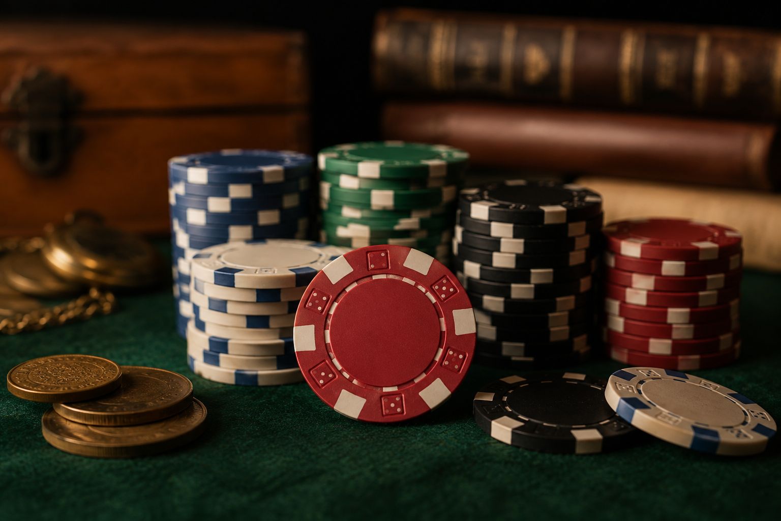 Gold coins, bone counters, wooden tokens and modern poker chips showing the history of poker chips.