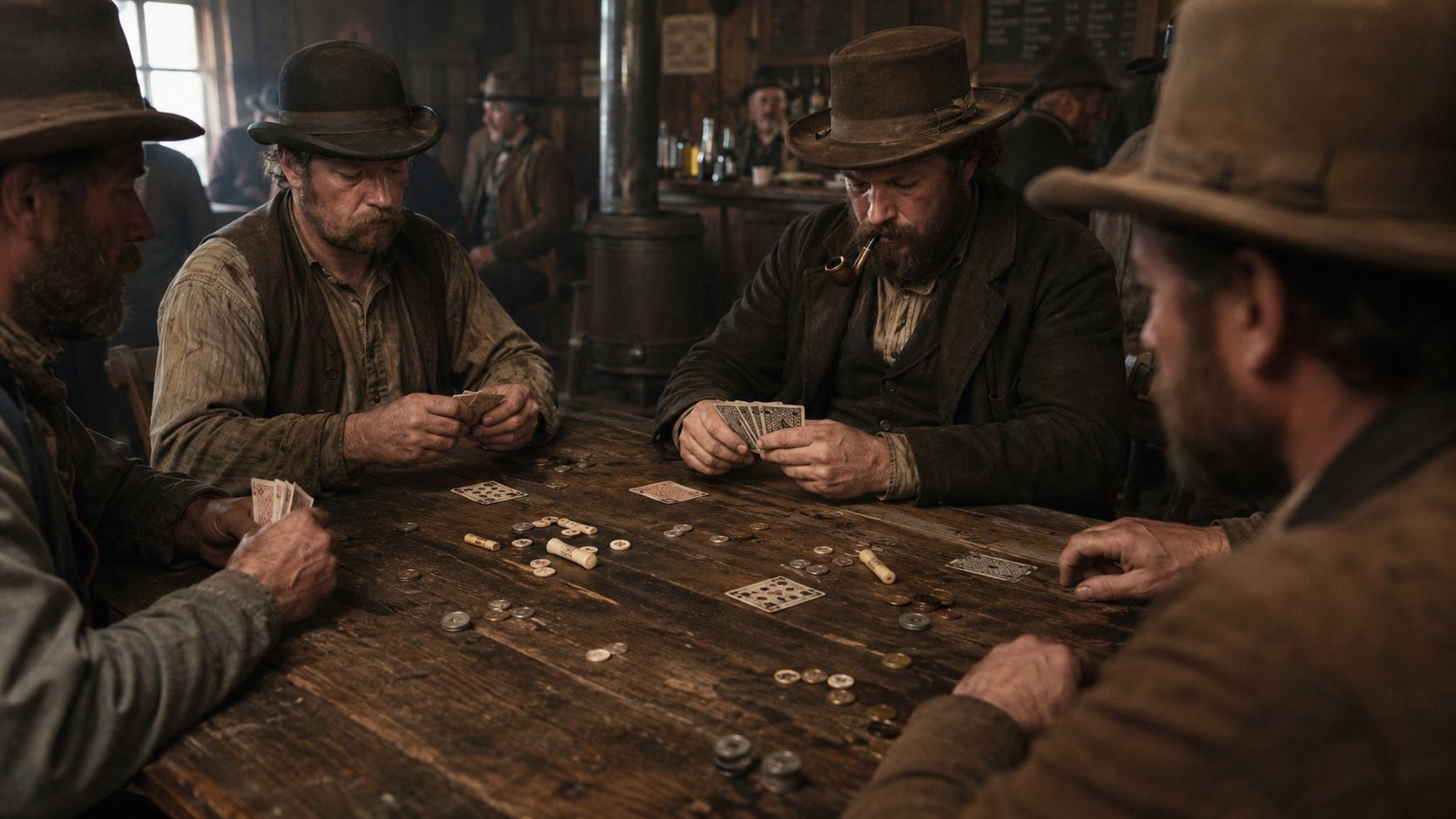 Early poker players using coins, bone pieces, wooden counters and buttons instead of standard poker chips